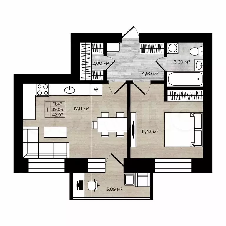 1-к. квартира, 42,9 м, 7/9 эт. - Фото 0