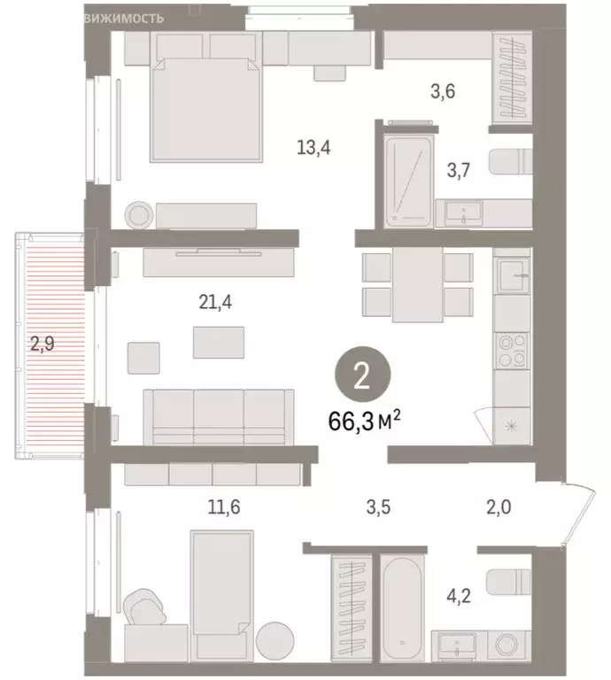 2-комнатная квартира: Тюмень, жилой комплекс На Минской (66.34 м) - Фото 1