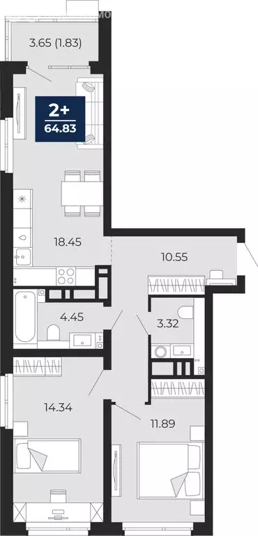 2-комнатная квартира: Тюмень, Арктическая улица, 10 (66.65 м) - Фото 1