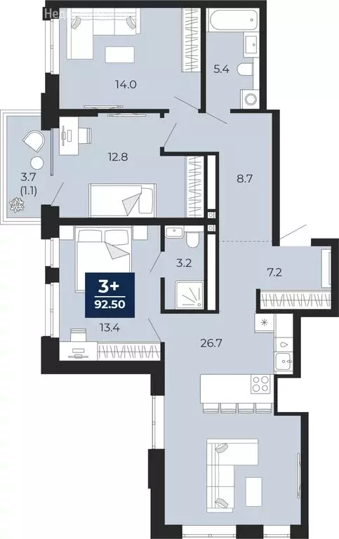 3-комнатная квартира: Тюмень, проезд Капитана Куликова, 5 (95.1 м) - Фото 1