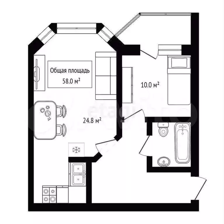 2-к. квартира, 58 м, 6/9 эт. - Фото 0