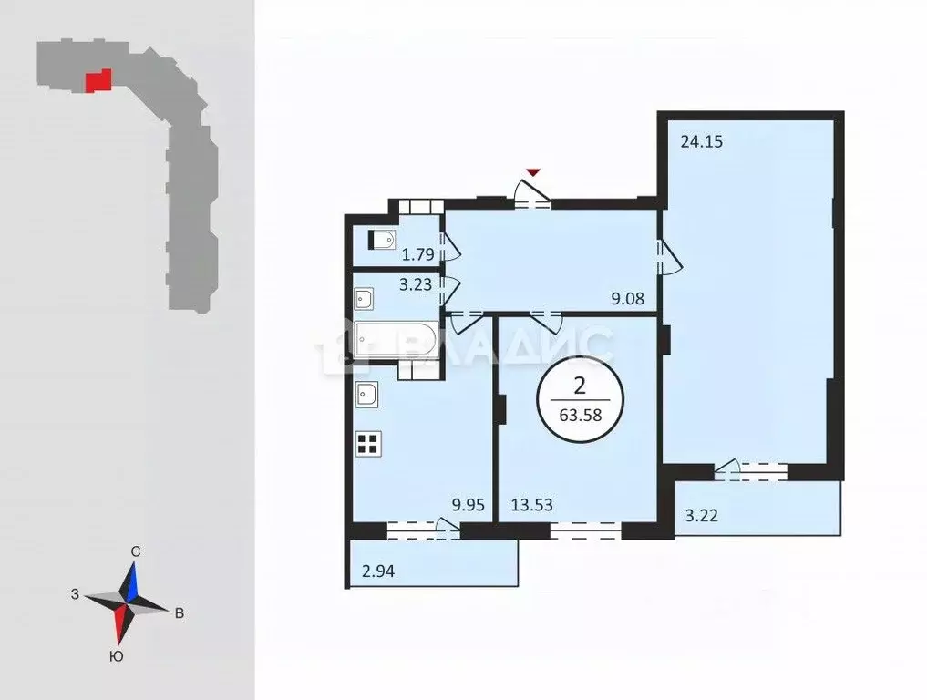 2-к кв. Владимирская область, Владимир ул. Родионовка, 4А (61.8 м) - Фото 1