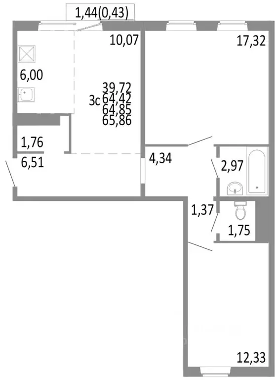 3-к кв. Челябинская область, Челябинск ул. Блюхера, 125Б (64.85 м) - Фото 0