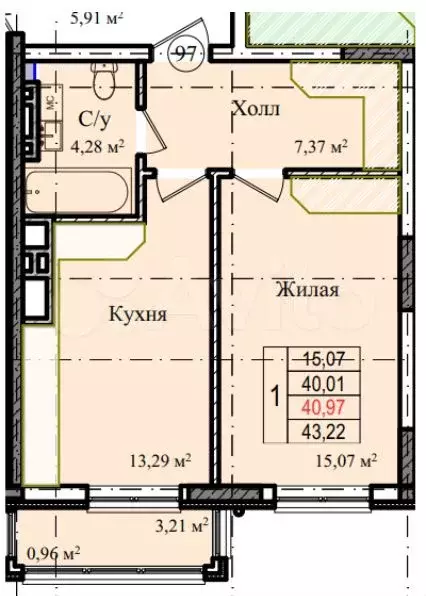 1-к. квартира, 43,6 м, 3/9 эт. - Фото 1