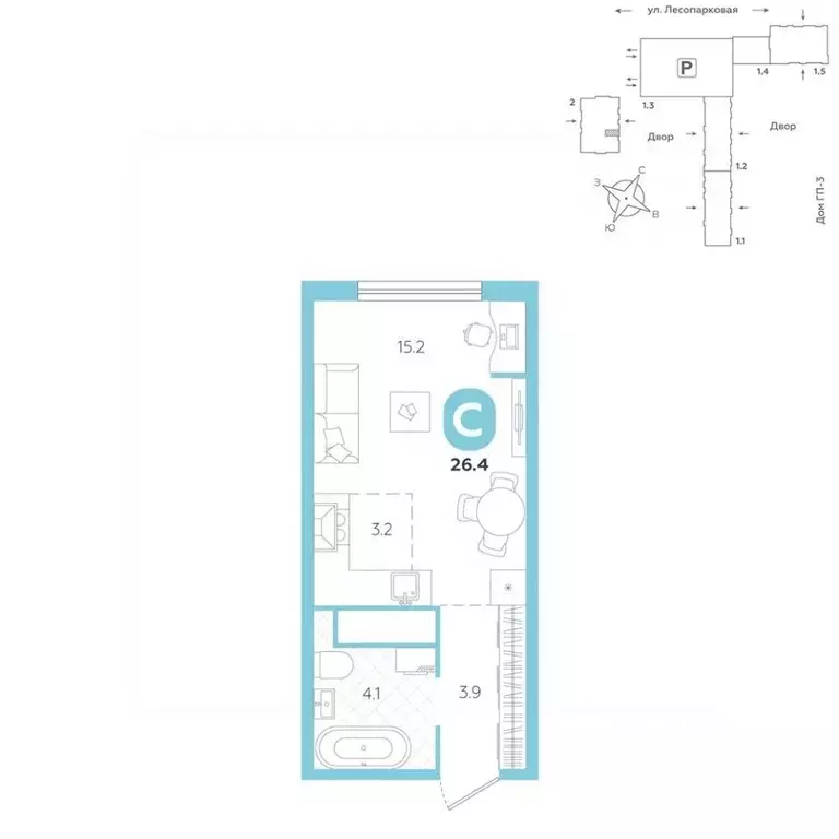 Студия Тюменская область, Тюмень ул. Лесопарковая, 20 (26.4 м) - Фото 1