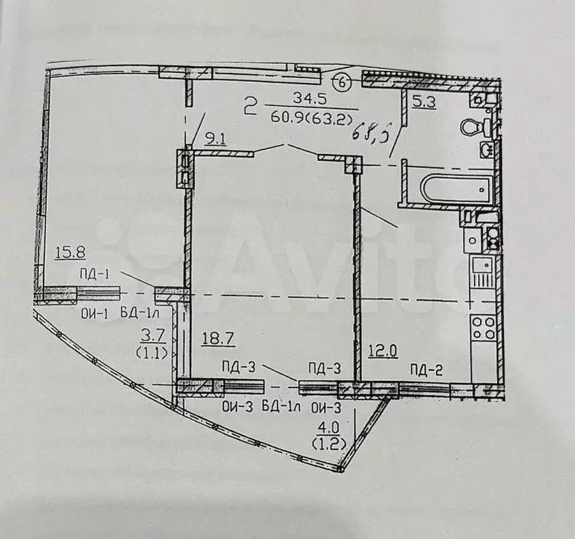 2-к. квартира, 63,6 м, 2/14 эт. - Фото 0