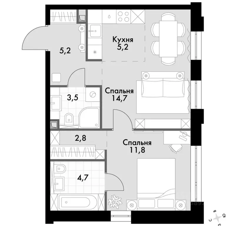 2-к кв. Приморский край, Владивосток Флагман жилой комплекс (47.9 м) - Фото 2
