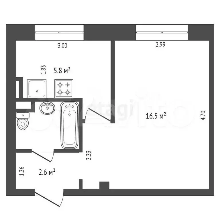 1-к. квартира, 27,4 м, 1/5 эт. - Фото 1