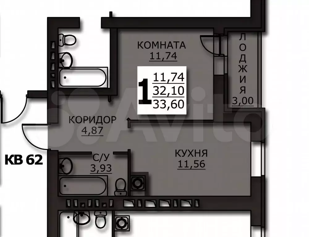 1-к. квартира, 33,6 м, 10/10 эт. - Фото 1