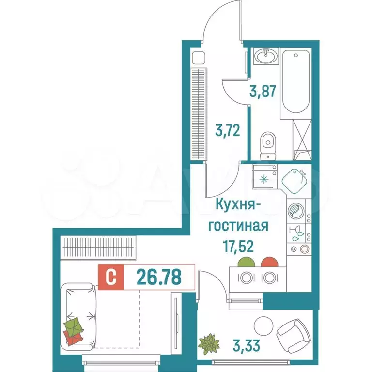 Квартира-студия, 26,8 м, 1/18 эт. - Фото 0