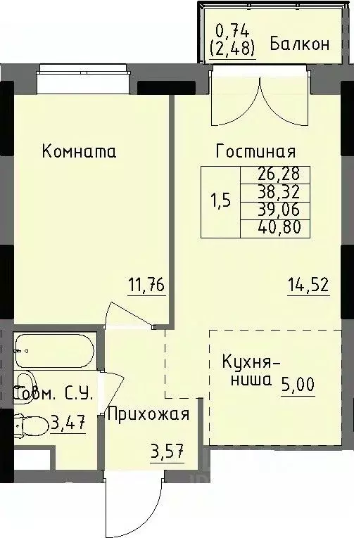 1-к кв. Удмуртия, Ижевск Строитель жилрайон, 4-й мкр,  (39.06 м) - Фото 0