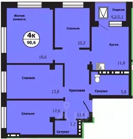 4-к кв. Красноярский край, Красноярск ул. Лесников, 51Б (90.6 м) - Фото 0