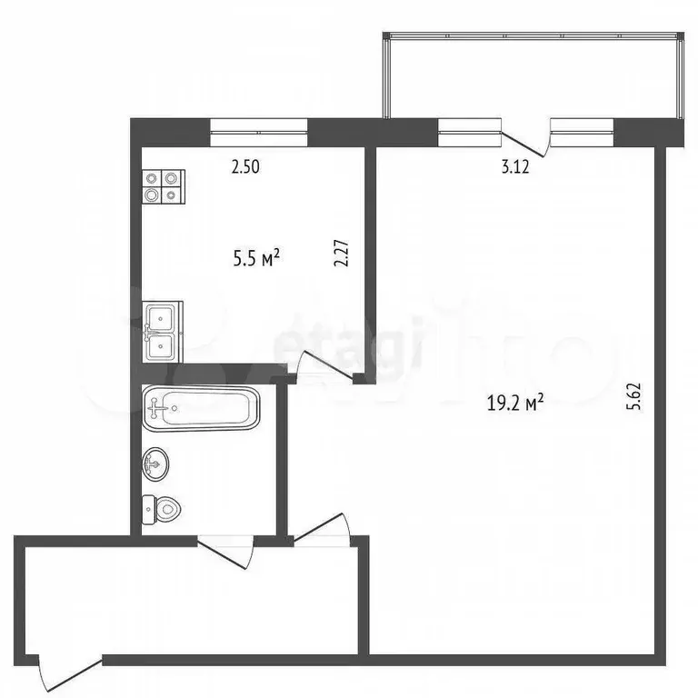 1-к. квартира, 32,6 м, 2/5 эт. - Фото 0