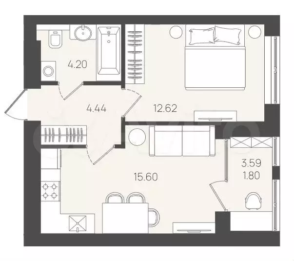 1-к. квартира, 38,7 м, 3/5 эт. - Фото 1
