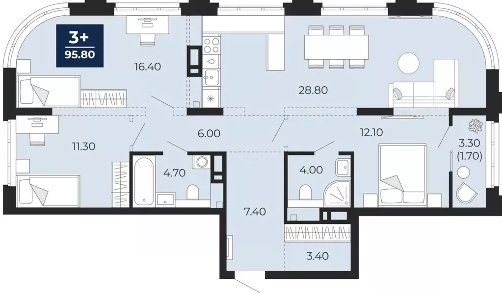 3-к кв. Тюменская область, Тюмень ул. Пожарных и Спасателей, 2 (95.8 ... - Фото 1