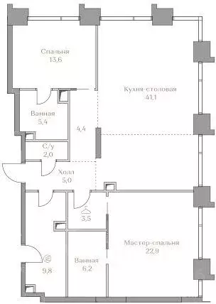Квартира, 2 комнаты, 113.9 м - Фото 1
