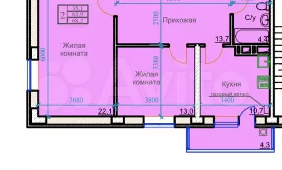 2-к. квартира, 68,2 м, 2/9 эт. - Фото 0