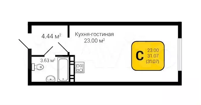 Квартира-студия, 31,1 м, 7/8 эт. - Фото 1