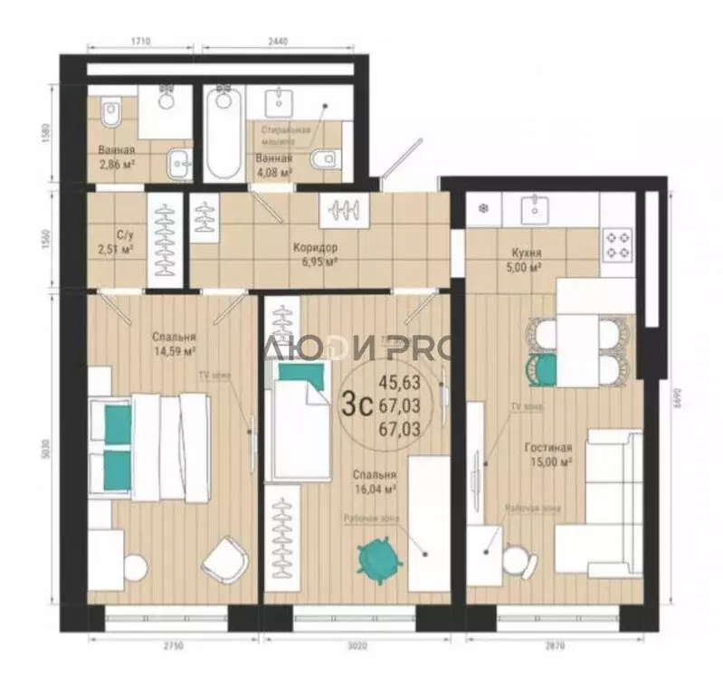 3-комнатная квартира: Уфа, улица Менделеева, 128 (67 м) - Фото 1