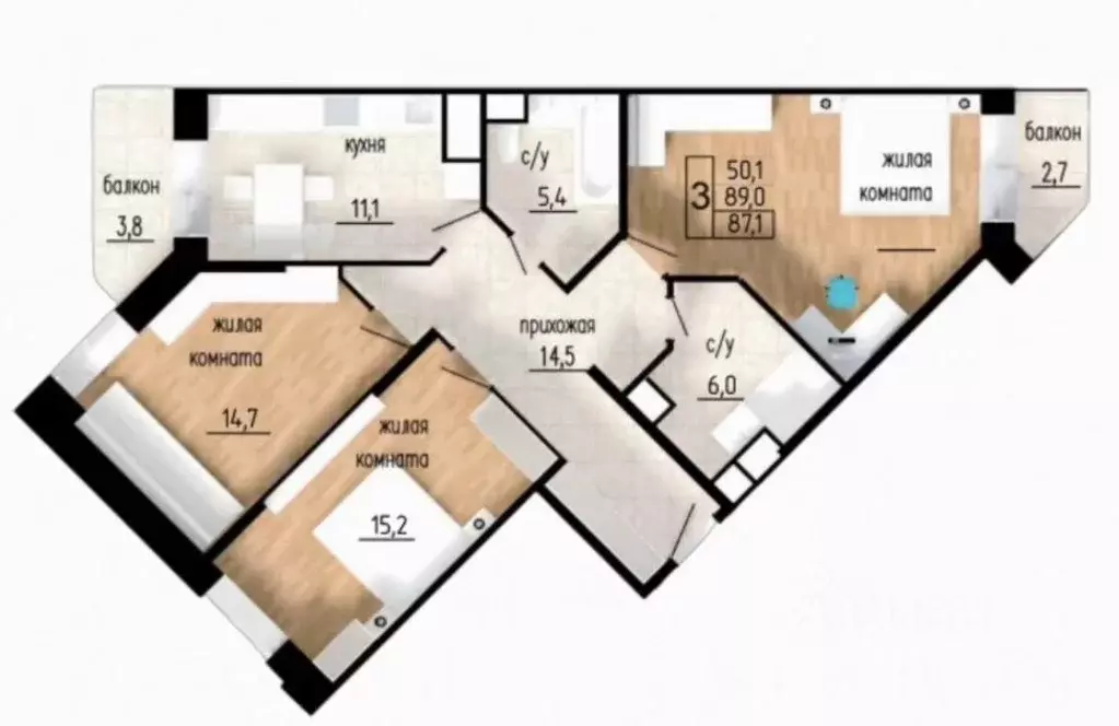 Квартира, 3 комнаты, 89 м - Фото 1