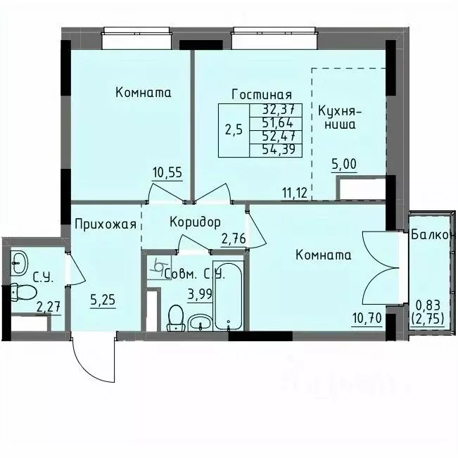 2-к кв. Удмуртия, Ижевск Строитель жилрайон, 4-й мкр,  (52.47 м) - Фото 0