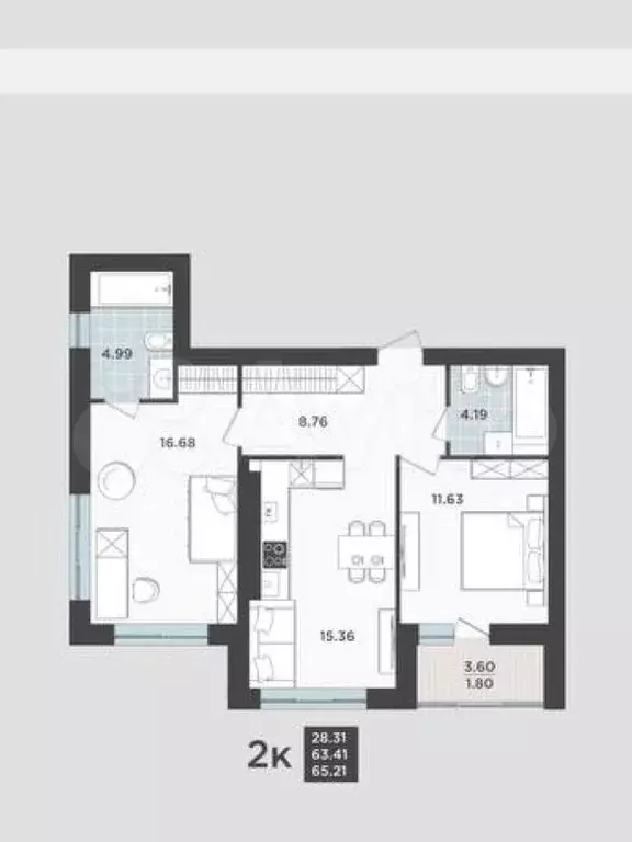 2-к. квартира, 63,4 м, 8/9 эт. - Фото 1