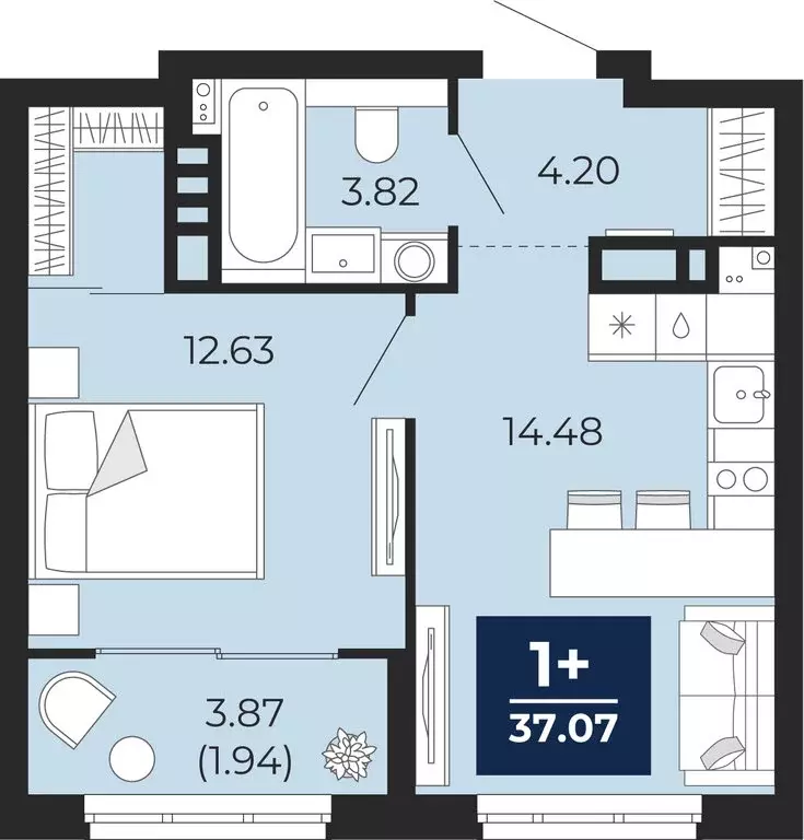1-комнатная квартира: Тюмень, Ленинский округ, ЖК Беринг (37.07 м) - Фото 1