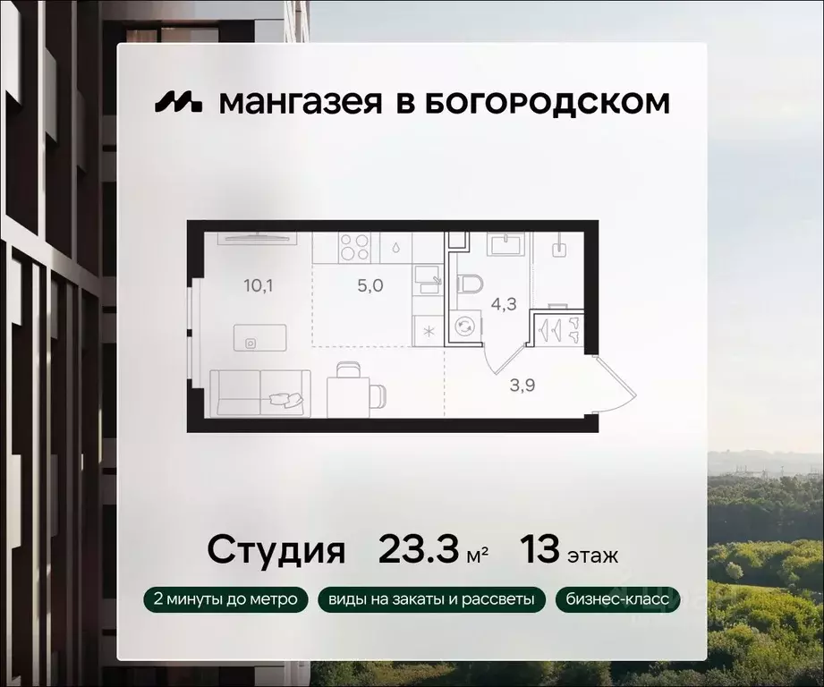 Студия Москва Мангазея в Богородском жилой комплекс (23.3 м) - Фото 0