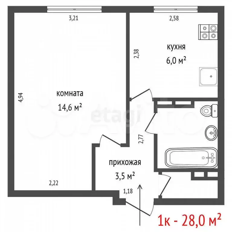 1-к. квартира, 28 м, 1/5 эт. - Фото 0