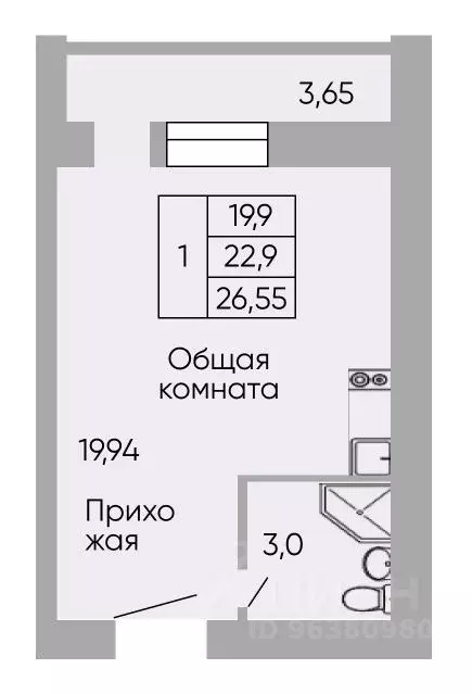 Студия Ростовская область, Ростов-на-Дону ул. Вересаева, 103Вс1 (26.75 ... - Фото 0