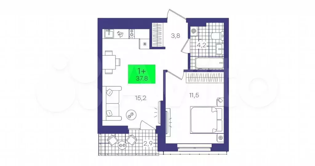 1-к. квартира, 37,8 м, 8/8 эт. - Фото 1