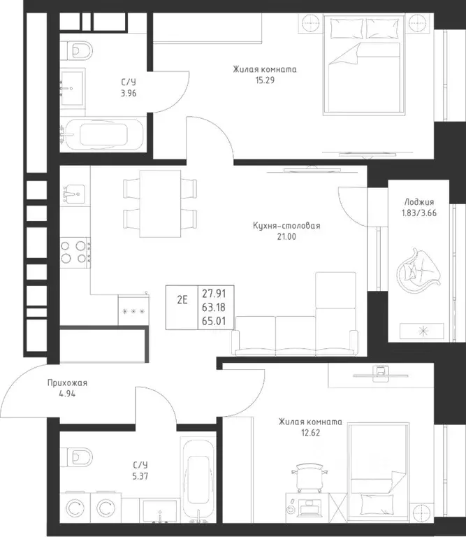 2-к кв. Татарстан, Казань Седьмое Небо жилрайон,  (65.01 м) - Фото 1