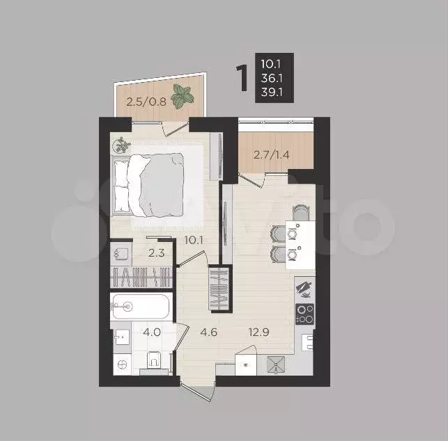1-к. квартира, 36,1 м, 2/4 эт. - Фото 1