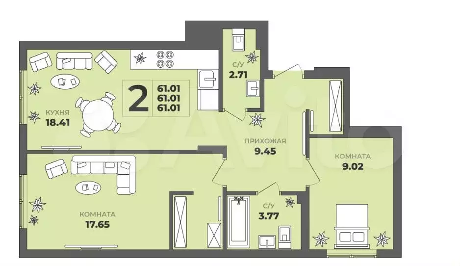 2-к. квартира, 61 м, 1/8 эт. - Фото 1