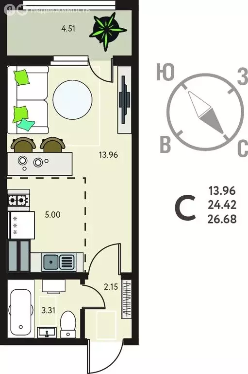 Квартира-студия: Курск, улица Энгельса, 115/6 (26.68 м) - Фото 1