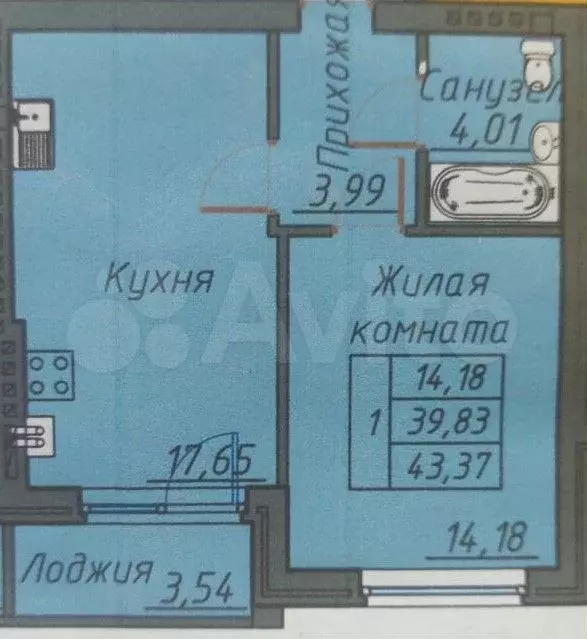 1-к. квартира, 42,5 м, 2/4 эт. - Фото 0