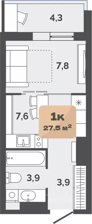 1-к кв. Тюменская область, Тюмень ул. Республики, 204к20 (25.35 м) - Фото 0