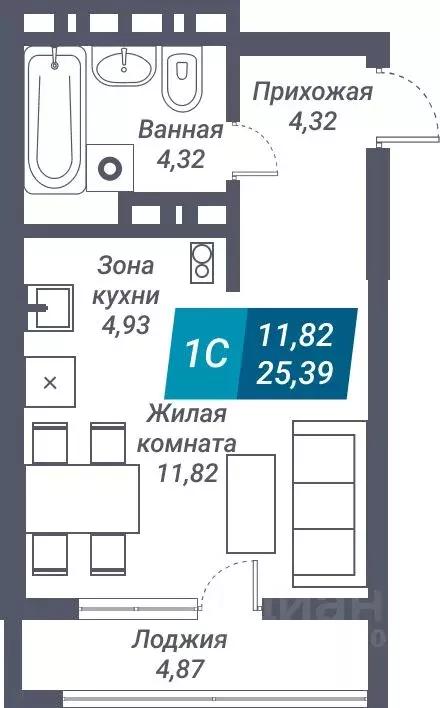 1-к кв. Новосибирская область, Новосибирск ул. Королева, 19 (25.39 м) - Фото 1