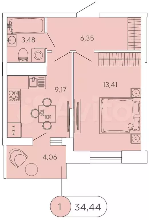 1-к. квартира, 34,4 м, 11/12 эт. - Фото 0