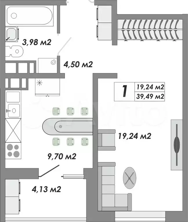 1-к. квартира, 39,5 м, 9/9 эт. - Фото 0