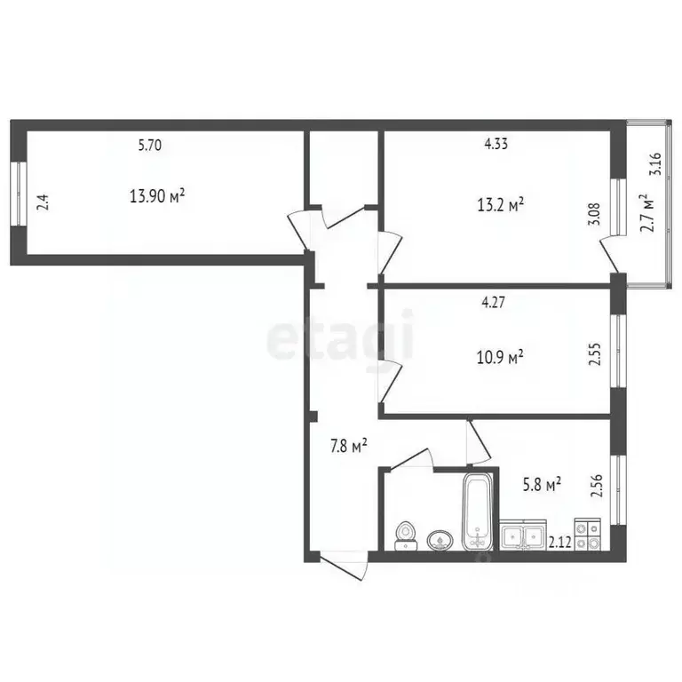 3-к кв. Омская область, Омск Мельничная ул., 9 (59.0 м) - Фото 1