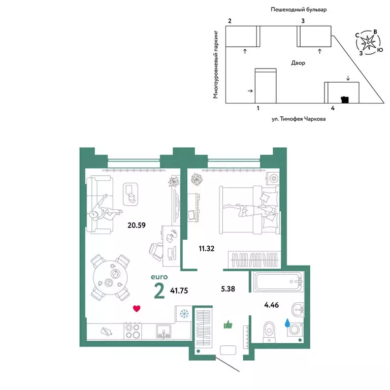 2-комнатная квартира: Тюмень, улица Тимофея Чаркова, 93 (41.75 м) - Фото 0