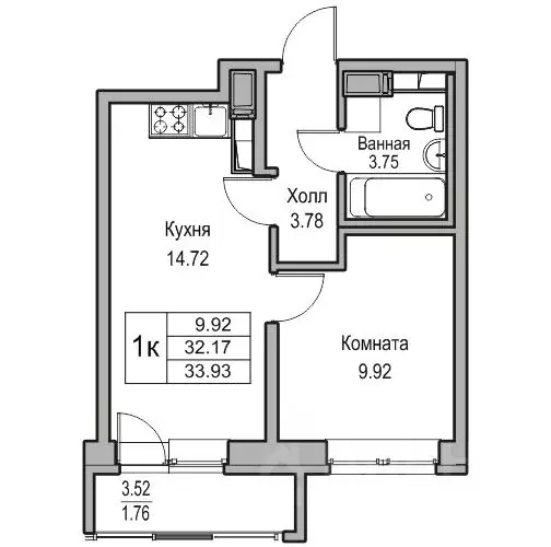 1-к кв. Санкт-Петербург ул. Ивинская, 1к1 (32.17 м) - Фото 0