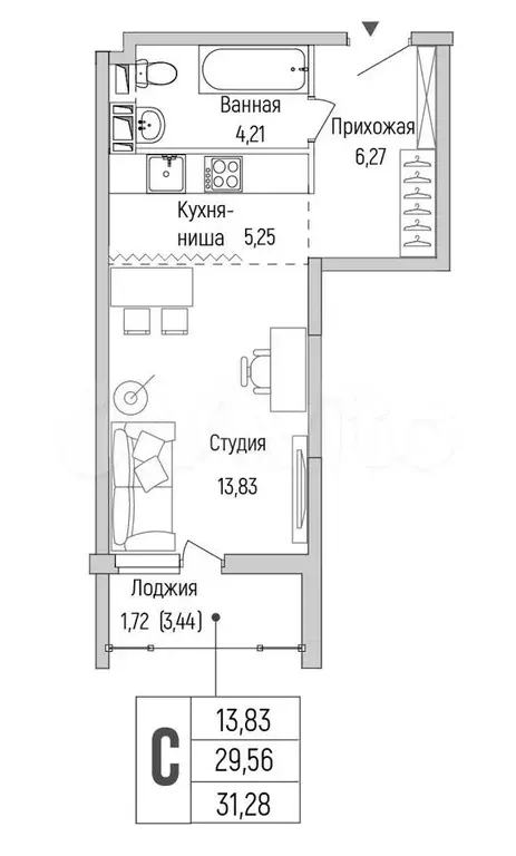 Квартира-студия, 31,3 м, 6/9 эт. - Фото 0