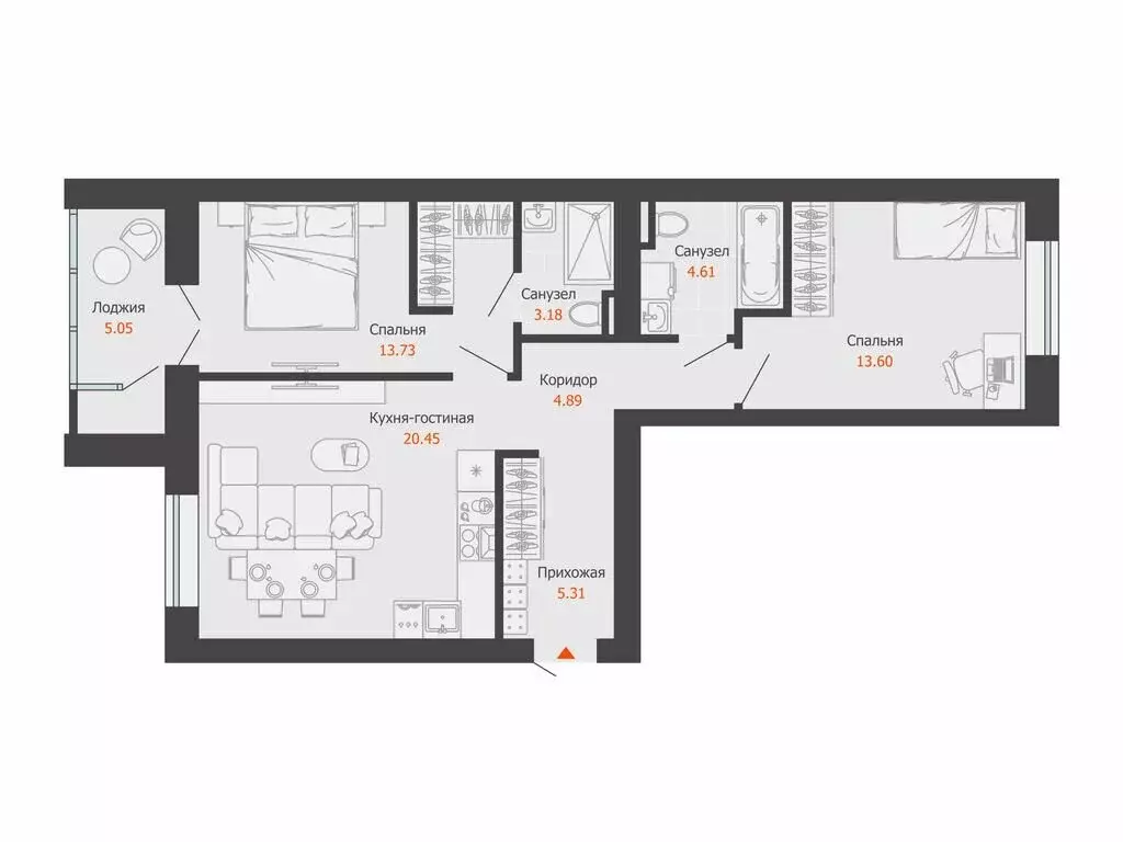 2-комнатная квартира: Волгоград, ЖК Центропарк (68 м) - Фото 1