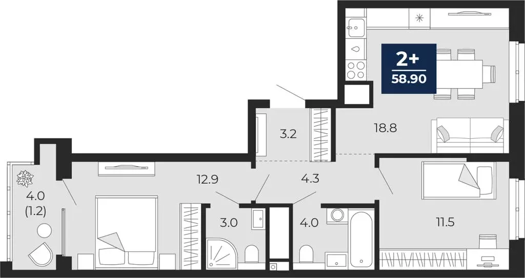 2-комнатная квартира: Тюмень, проезд Капитана Куликова, 7 (61.7 м) - Фото 1