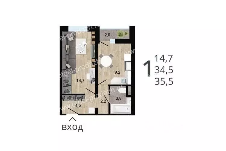 1-к кв. Воронежская область, Воронеж Ростовская ул., 18А (35.5 м) - Фото 1