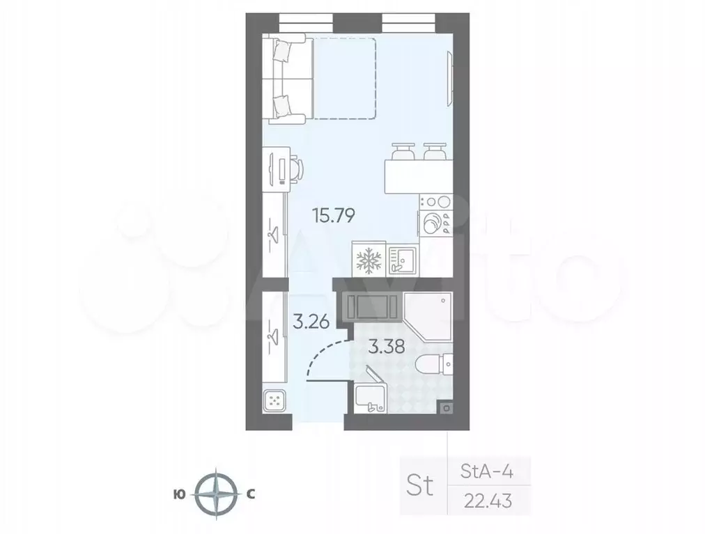 Квартира-студия, 21,6 м, 4/22 эт. - Фото 0