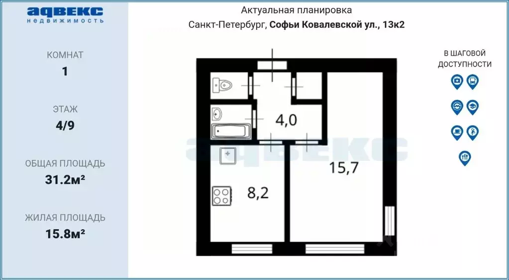 1-к кв. Санкт-Петербург ул. Софьи Ковалевской, 13К2 (31.2 м) - Фото 2