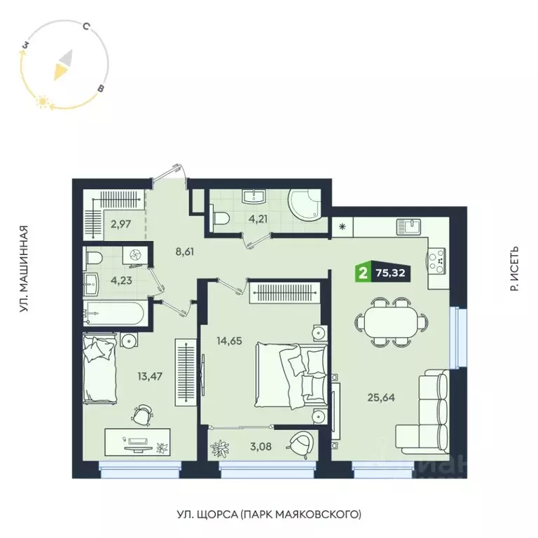 2-к кв. Свердловская область, Екатеринбург ул. Машинная, 1В/4 (75.32 ... - Фото 1